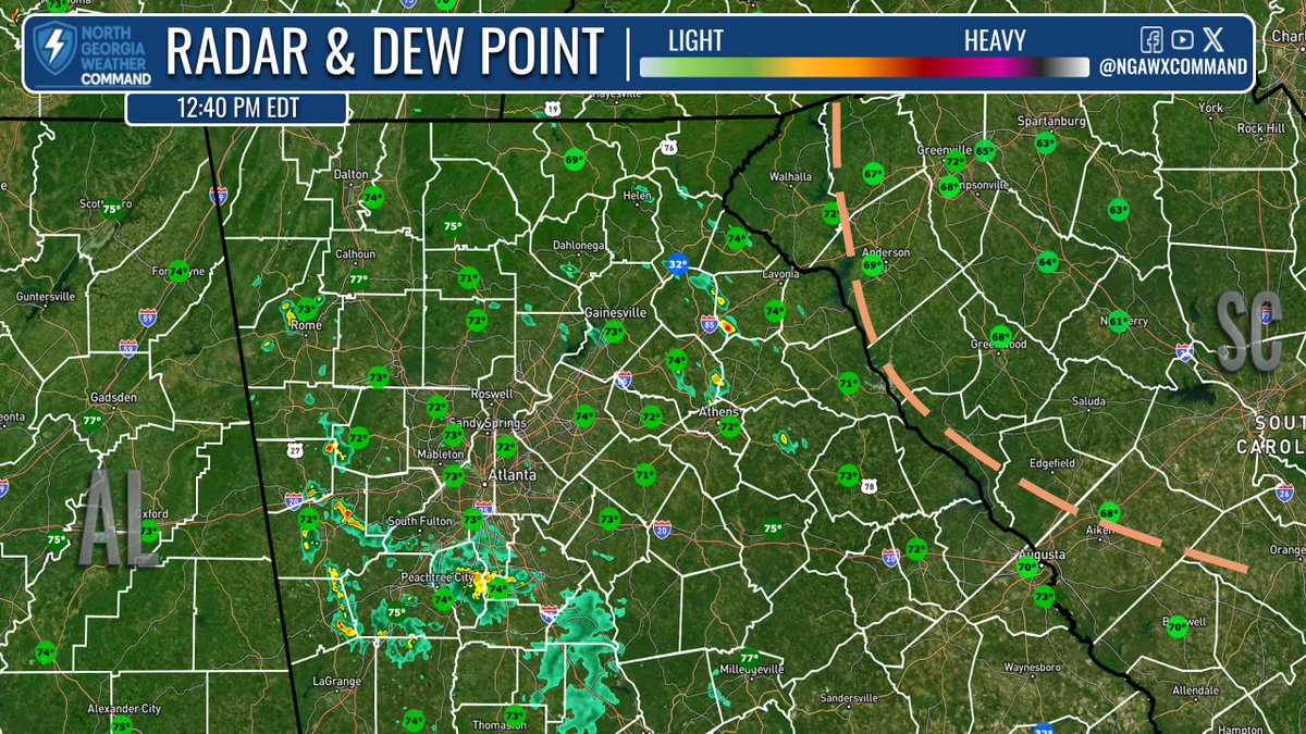 NGAWXCommand's tweet image. SHOWERS DEVELOPING:
Showers mainly to the west and south of #Atlanta but a few isolated showers across Northeast #Georgia too. Dew points will begin to fall through the afternoon - areas east of the tan line already getting a break from the stickiness. #gawx