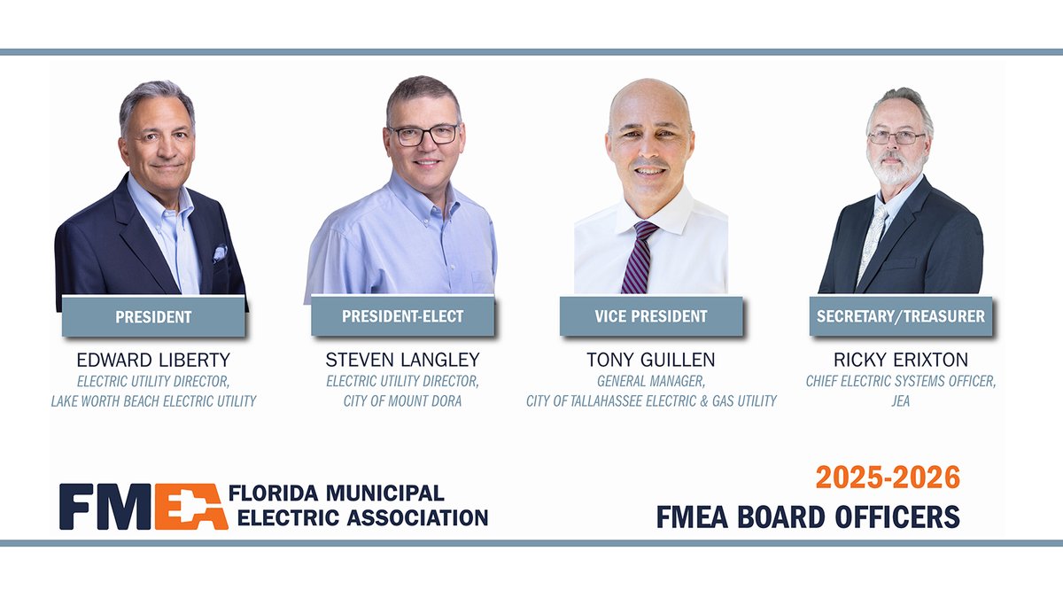 flpublicpower's tweet image. FMEA announces the new slate of #FLPublicPower officers: President Ed Liberty, @LakeWorthBchPBC; President-elect Steve Langley, @CityOfMountDora; VP Tony Guillen, @CityofTLH; & Secretary-Treasurer Ricky Erixton, @NewsfromJEA. Read the press release here: bit.ly/3GGVaGp.