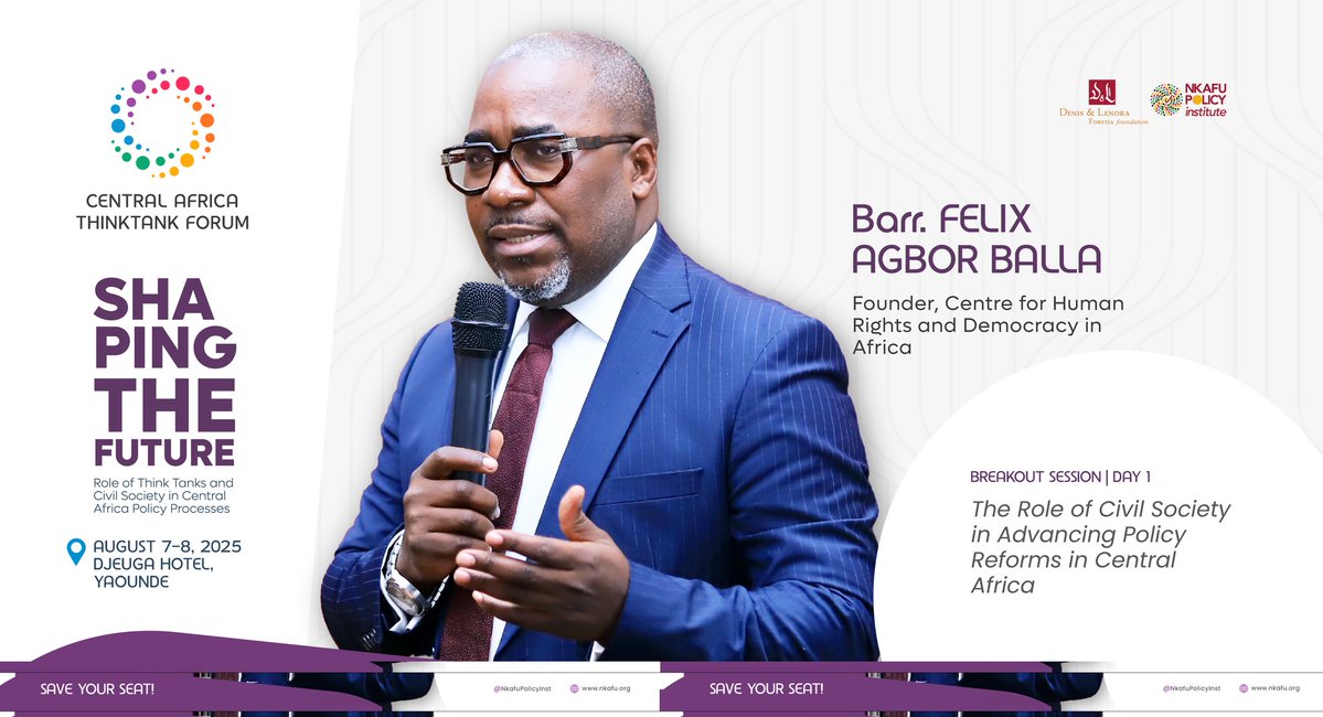 NkafuPolicyInst's tweet image. We're proud to present Barr. Felix @AgborNkonghoF, jurist, democracy architect, & founder of @CHRDAfrica. A voice that echoes from courtrooms to #crisis zones, he will speak at the #2025CATTF on #CSOs role in advancing policy reforms in #CentralAfrica.
🔗nkafu.org/cattf-2025