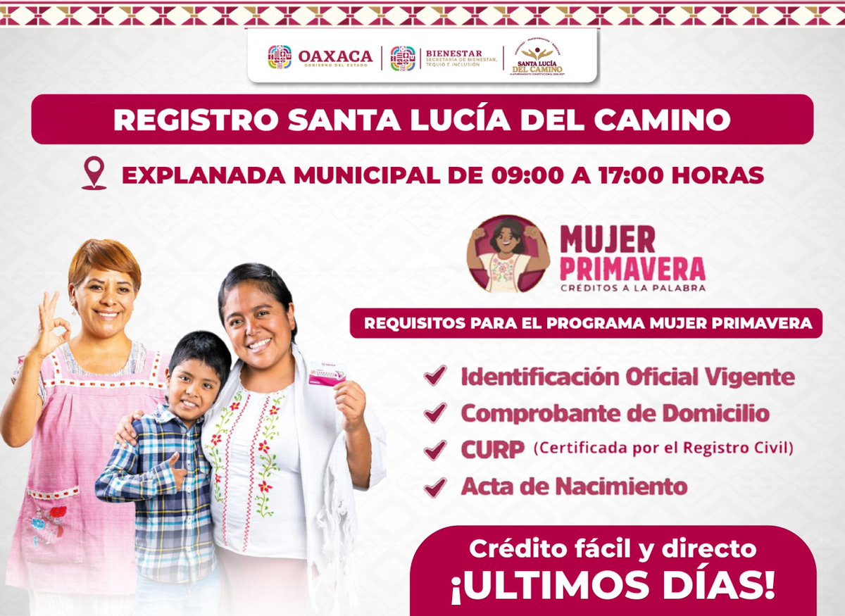 H. Ayuntamiento de Santa Lucía del Camino (@santalucia_ayto) on Twitter photo Atención mujeres de Santa Lucía, el programa #MujerPrimavera, (Créditos a la Palabra) está por concluir; te invitamos a registrarse en el módulo de Atención Ciudadana ubicado en el Palacio Municipal en un horario de 9 a 17 horas. Accede a un microcrédito sin intereses. <a href="/salomonj/">Salomón Jara Cruz</a> Atención mujeres de Santa Lucía, el programa #MujerPrimavera, (Créditos a la Palabra) está por concluir; te invitamos a registrarse en el módulo de Atención Ciudadana ubicado en el Palacio Municipal en un horario de 9 a 17 horas. Accede a un microcrédito sin intereses. <a href="/salomonj/">Salomón Jara Cruz</a>