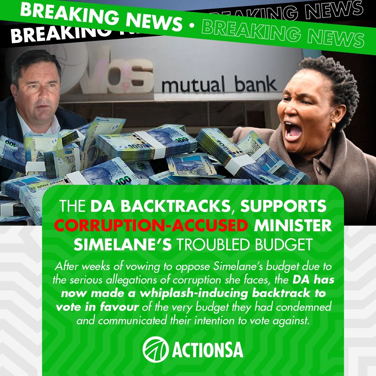 D_Naeser's tweet image. Good thing @Action4SA actually stick to it&apos;s principles unlike other parties that chop and change saying one thing on Monday and then another 3 days later.

DA has caved into corruption!