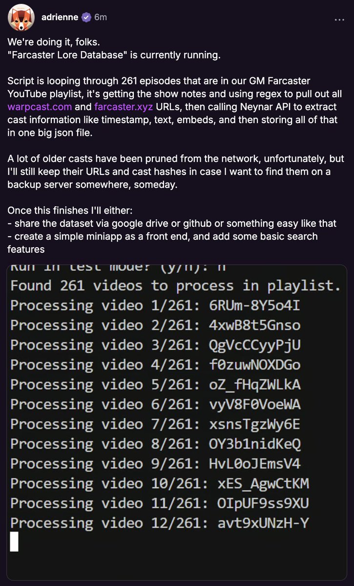 neynarxyz's tweet image. woah  

permissionless archival of every cast url that&apos;s every been shared on @gmfarcaster - across 261 episodes!  

powered by Neynar 🪐