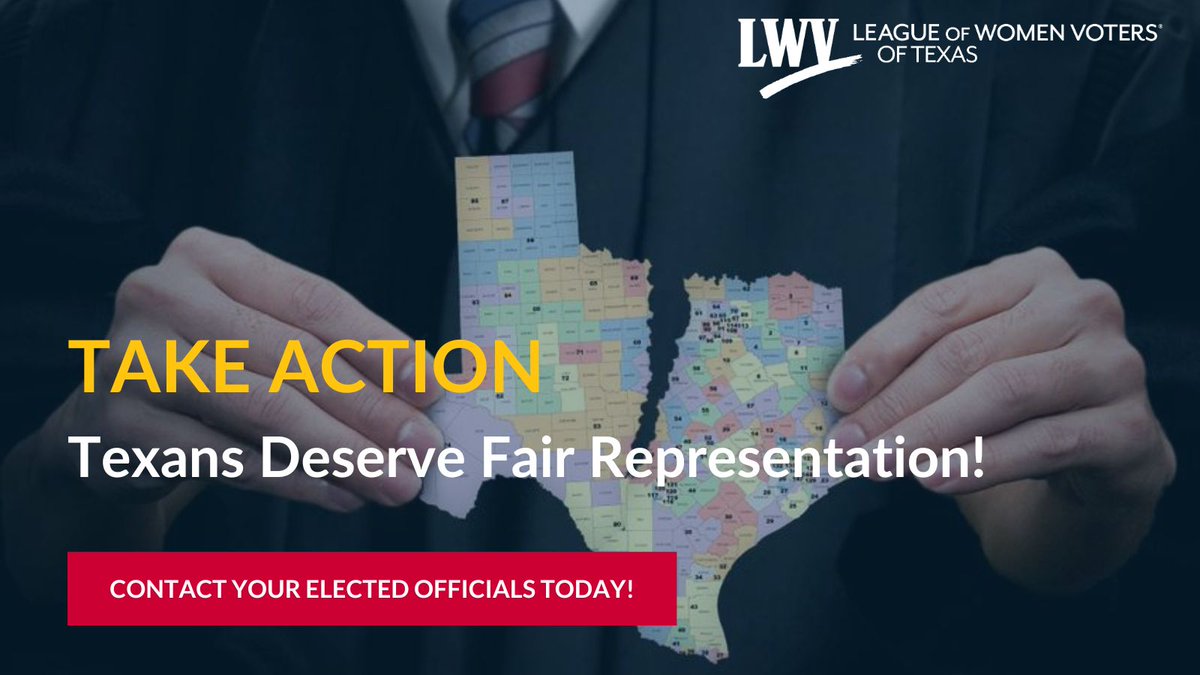 LWVTexas's tweet image. 🚨ACTION ALERT!!!🚨 Texans have the right to fair and equal representation that&apos;s achieved through a thoughtful, transparent redistricting process that allows meaningful public input. Take action here: lwvtexas.org/take-action