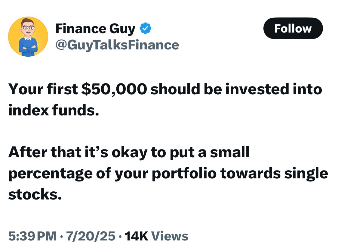 WifeFinance's tweet image. Our smooth brain Finance Guy has offered 3 different conflicting advice on portfolio allocation and risk management just in past few weeks.
“Your first $10,000 should be split between S&P500, BTC, and Gold”
“Your first $50k should be in index funds, only after that should you…