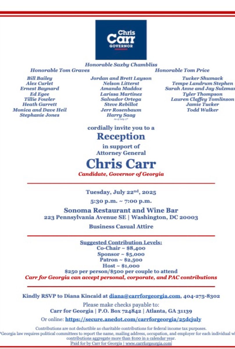 Crimsontider's tweet image. ➡️Not surprised Never Trumpers are donating to Chris Carr’s campaign
➡️Brett Layson - Home Depot lobbyist & Never Trumper
➡️Steve R - Coca Cola lobbyist & Never Trumper who hates the MAHA movement
➡️Just a big group of Never Trumpers in DC!