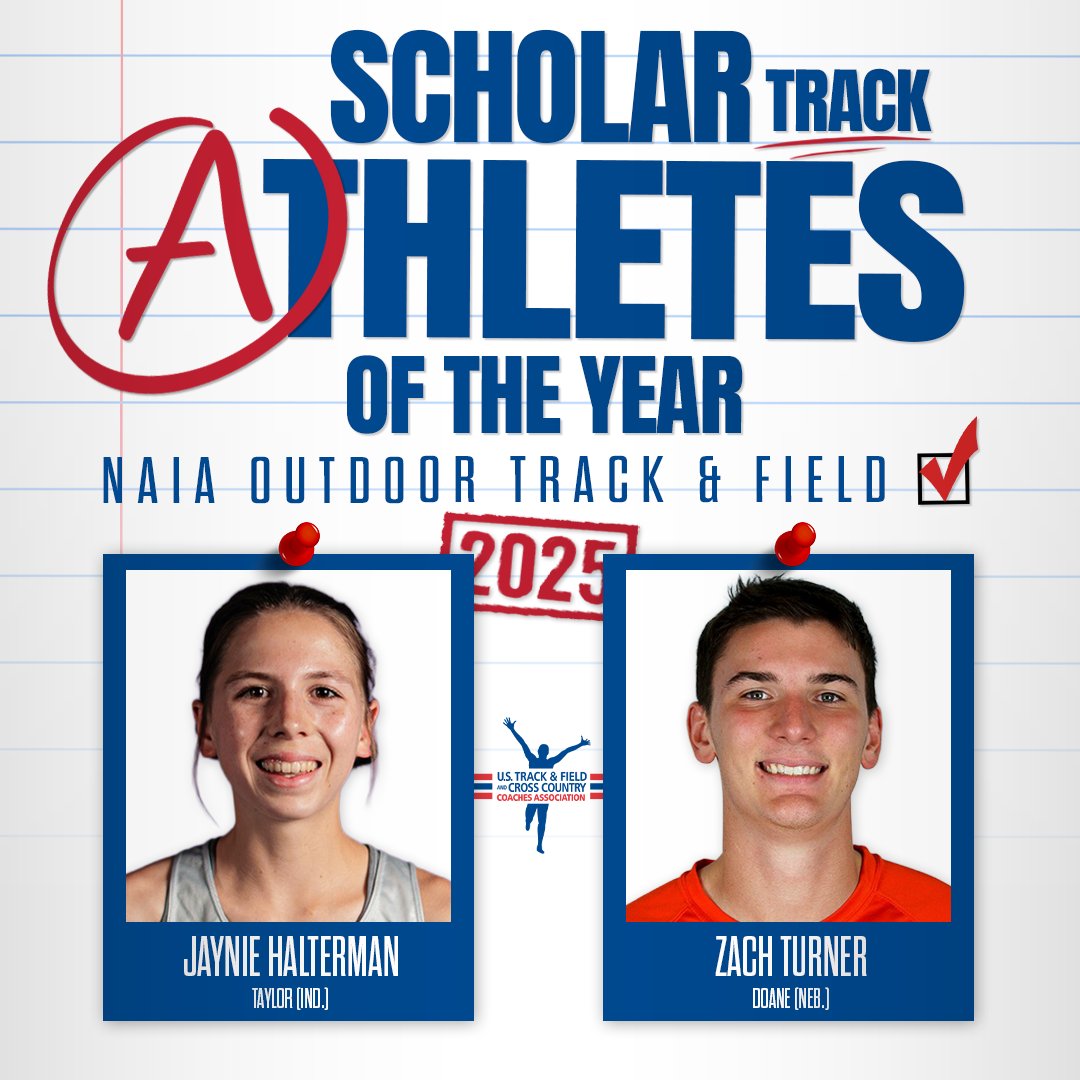 USTFCCCA's tweet photo. @NAIA @UCPatriotsTrack @MarianTrackXC @SaintMaryXCTF @LifeUAthletics @CareyAthletics @IUKAthletics Here are the Scholar Athletes of the Year for the 2025 @NAIA Outdoor Track &amp; Field season!

MTAOY - Zach Turner, @DoaneTrackXC 
WTAOY - Jaynie Halterman, @TaylorXCTF 
MFAOY - Brayton Stephenson, @cmueaglesXCTF 
WFAOY - Sonya Urbanowicz, @ubctrack 

https://t.co/QVrfm2oa75 https://t.co/wRuAbvzNvI