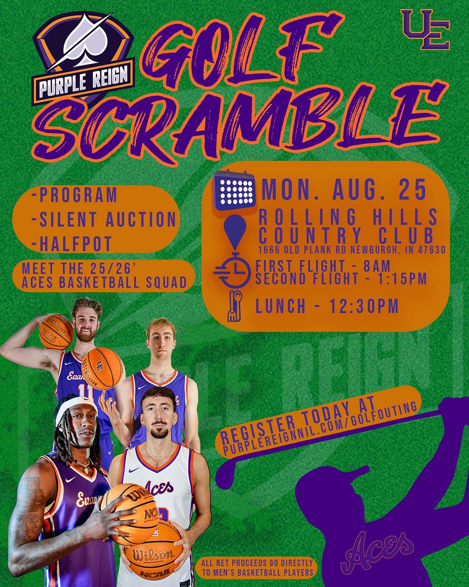 Join us for the Purple Reign Golf Scramble on Monday, August 25 at Rolling Hills Country Club ⛳️
📍 1666 Old Plank Rd, Newburgh, IN
🖊 Register now at PurpleReignNIL.com/golfouting
All net proceeds go directly to support UE Men's Basketball Players