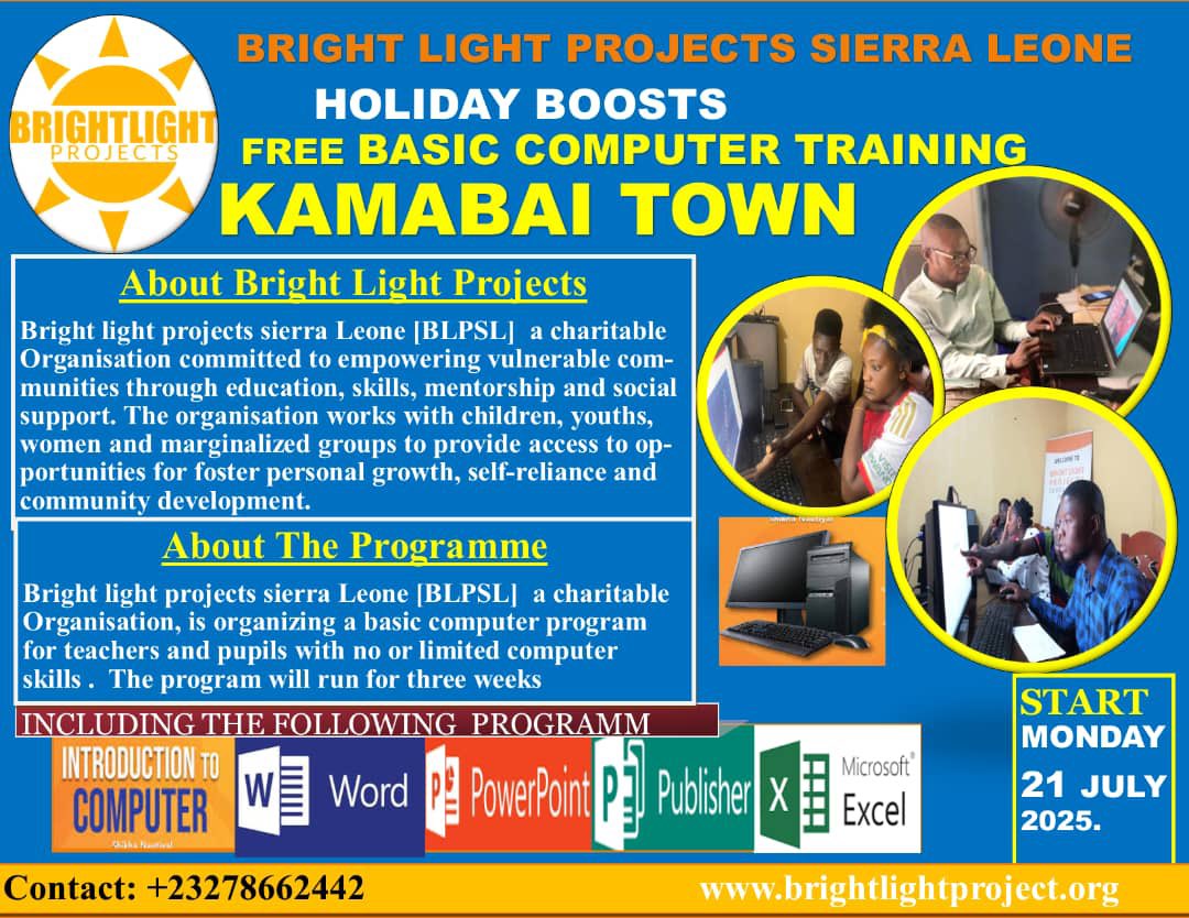 BrightLightProjects (@theblprojects) on Twitter photo BLP is thrilled to announce launch of our Free Basic Computer Holiday Training in Kamabai Town, Bombali District, Northern #sierraleone , starting July 22, 2025!
#DigitalInclusion #CommunityDevelopment #SDG4 #ComputerLiteracy <a href="/SDGaction/">UN SDG Action Campaign</a> <a href="/UN_SDG/">UN Sustainable Development Group 🇺🇳</a> <a href="/USEmbFreetown/">USEmbassyFreetown</a> <a href="/UNCCDcso/">UNCCD Civil Society</a> BLP is thrilled to announce launch of our Free Basic Computer Holiday Training in Kamabai Town, Bombali District, Northern #sierraleone , starting July 22, 2025!
#DigitalInclusion #CommunityDevelopment #SDG4 #ComputerLiteracy <a href="/SDGaction/">UN SDG Action Campaign</a> <a href="/UN_SDG/">UN Sustainable Development Group 🇺🇳</a> <a href="/USEmbFreetown/">USEmbassyFreetown</a> <a href="/UNCCDcso/">UNCCD Civil Society</a>