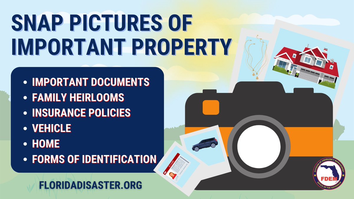 FLSERT's tweet image. 🌀 A crucial step to being prepared is to have documentation of all your valuable possessions!
Ways you can prepare include:
📸 Taking pictures
🖨️ Making copies of IDs & policies
📜 Storing your documents in a dry, secure location
➡️ FloridaDisaster.org/PlanPrepare