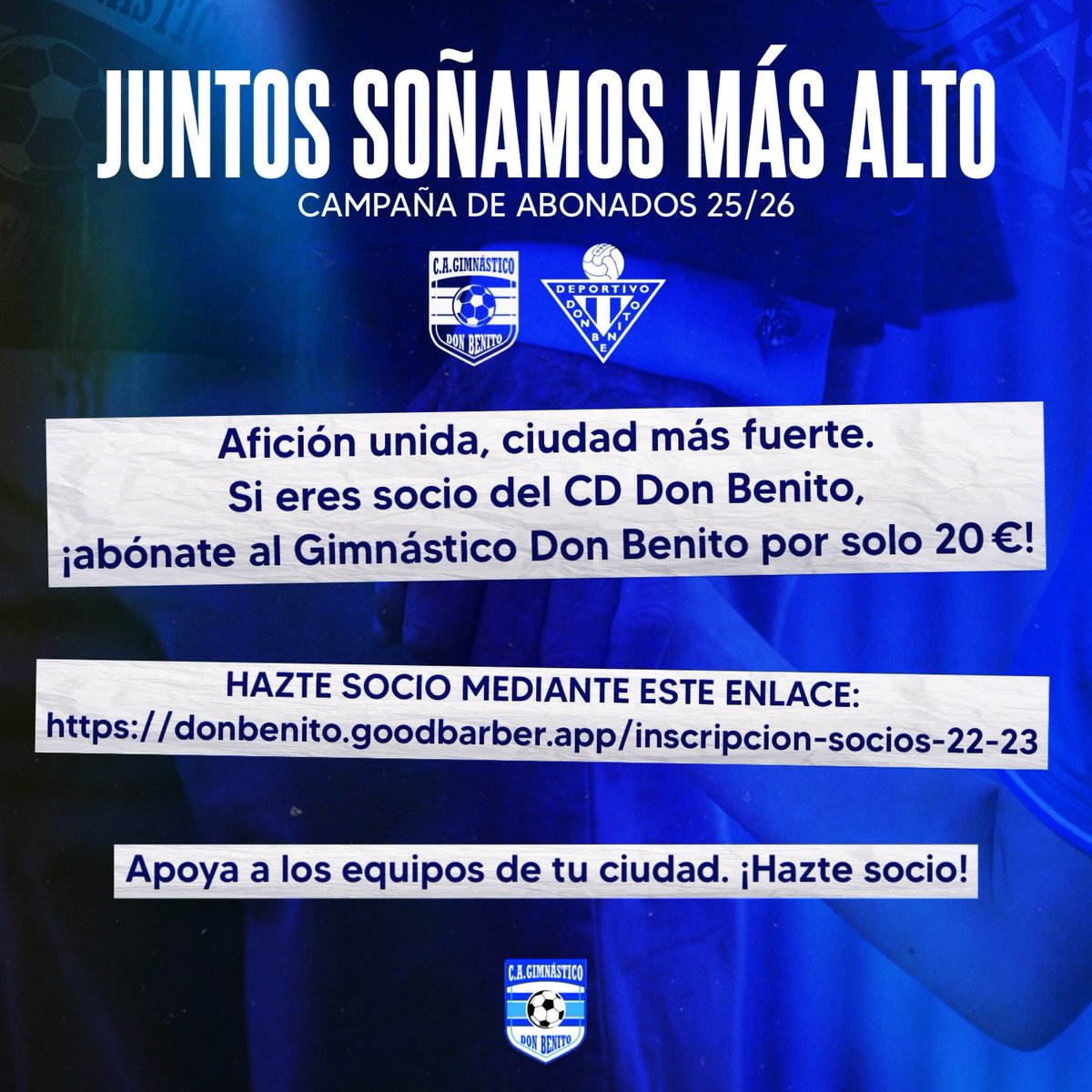 Gimnástico Don Benito (@cagimnasticodb) on Twitter photo Afición unida, ciudad más fuerte 👊
👉 Si eres socio del <a href="/CDDonBenito_/">CD Don Benito</a>, ¡abónate al Gimnástico Don Benito por solo 20€!
🔗 Hazte socio mediante este enlace: donbenito.goodbarber.app/inscripcion-so…
#JuntosSoñamosMásAlto 💭 Afición unida, ciudad más fuerte 👊
👉 Si eres socio del <a href="/CDDonBenito_/">CD Don Benito</a>, ¡abónate al Gimnástico Don Benito por solo 20€!
🔗 Hazte socio mediante este enlace: donbenito.goodbarber.app/inscripcion-so…
#JuntosSoñamosMásAlto 💭