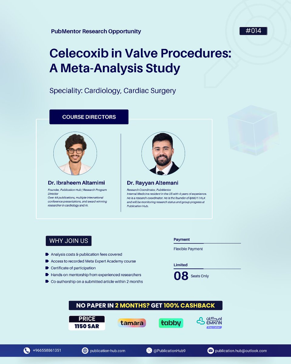 🔥 فرصة بحثية حصرية مع "PubMentor"! 🔥

🔬 بحث طبي متخصص في:
Cardiology, Cardiac surgery 

🎯 الهدف:
تسليم بحث أكاديمي متكامل جاهز للنشر خلال شهرين

✨ المميزات:
✅ تغطية كاملة لرسوم التحليل والنشر
✅ إشراف من باحثين مصنفين بالهيئة
✅ فرصة الكتابة المشتركة في دراسة تنشر بمجلات