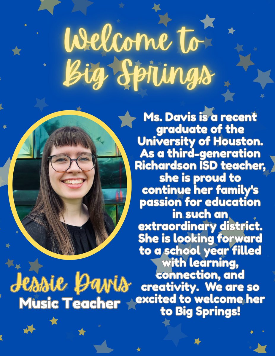 Bonnie Altimore, M. Ed. (@maninabonnie) on Twitter photo We are so excited to introduce Ms. Davis as our new music teacher! Welcome to the Bobcat family! <a href="/BSE_Bobcats1/">Big Springs Elementary School</a> <a href="/Principal_MrB/">Grant Bortnem</a> We are so excited to introduce Ms. Davis as our new music teacher! Welcome to the Bobcat family! <a href="/BSE_Bobcats1/">Big Springs Elementary School</a> <a href="/Principal_MrB/">Grant Bortnem</a>