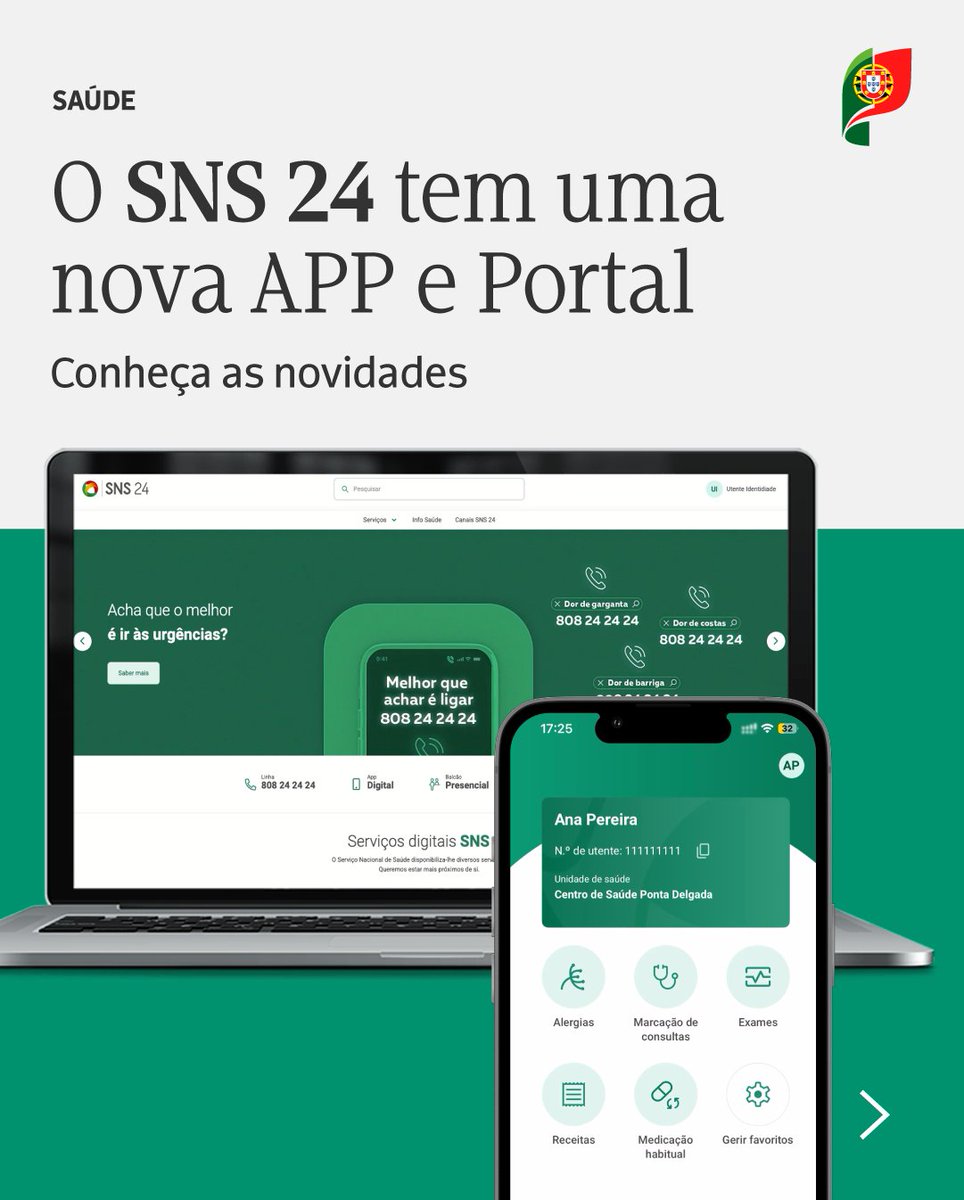 govpt's tweet image. 📱 A nova aplicação do SNS 24 vai estar disponível a partir desta tarde, já com novas funcionalidades.
🏥🩺 Uma das novidades é que, a partir de agora, é possível marcar consultas nos cuidados de saúde primários, através da aplicação no telemóvel.
#saúde #SNS24 #SNS