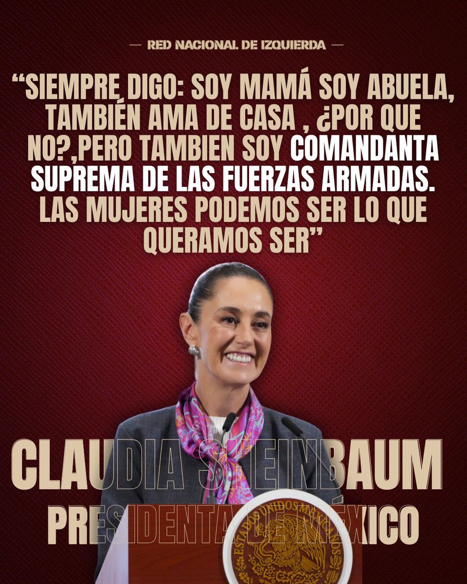 Red Nacional de Izquierda (@redizquierdamx) on Twitter photo 💪🏽 #MañaneraPresidenta | En un mensaje poderoso, la presidenta <a href="/Claudiashein/">Claudia Sheinbaum Pardo</a> deja claro que ser mujer no limita, fortalece. Con orgullo habla de su rol como madre, abuela y jefa del Estado mexicano. La Cuarta Transformación también es feminista. 🌹🇲🇽
#ClaudiaPresidenta #4T 💪🏽 #MañaneraPresidenta | En un mensaje poderoso, la presidenta <a href="/Claudiashein/">Claudia Sheinbaum Pardo</a> deja claro que ser mujer no limita, fortalece. Con orgullo habla de su rol como madre, abuela y jefa del Estado mexicano. La Cuarta Transformación también es feminista. 🌹🇲🇽
#ClaudiaPresidenta #4T