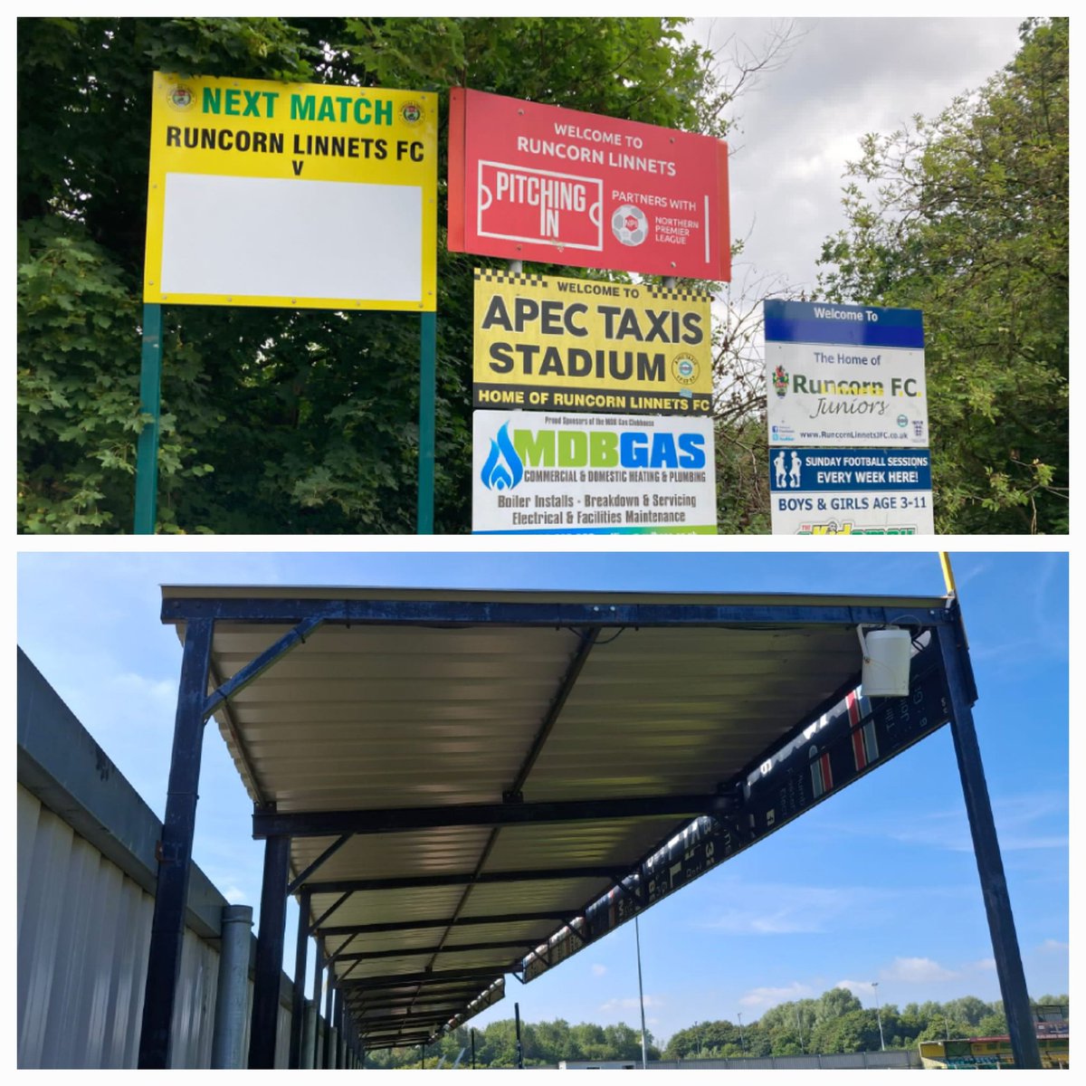 RuncornLinnets's tweet photo. 💛💚 | *Wednesday sponsor feature*

👏👏 A BIG THANK YOU 👏👏

to season ticket holder, Chris White, for purchasing roofing materials that were required to complete the 'Forest End Stand' 

and to key volunteer, Spenny, for designing, making and fitting the new 'next match' board https://t.co/JnXqfSI48r