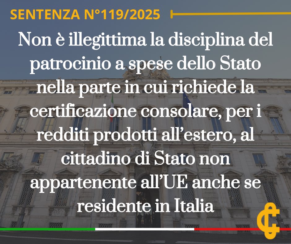CorteCost's tweet image. Non è illegittima la disciplina del patrocinio a spese dello Stato nella parte in cui richiede la certificazione consolare, per i redditi prodotti all’estero, al cittadino di Stato non appartenente all’Unione europea anche se residente in Italia.
cortecostituzionale.it/documenti/comu…