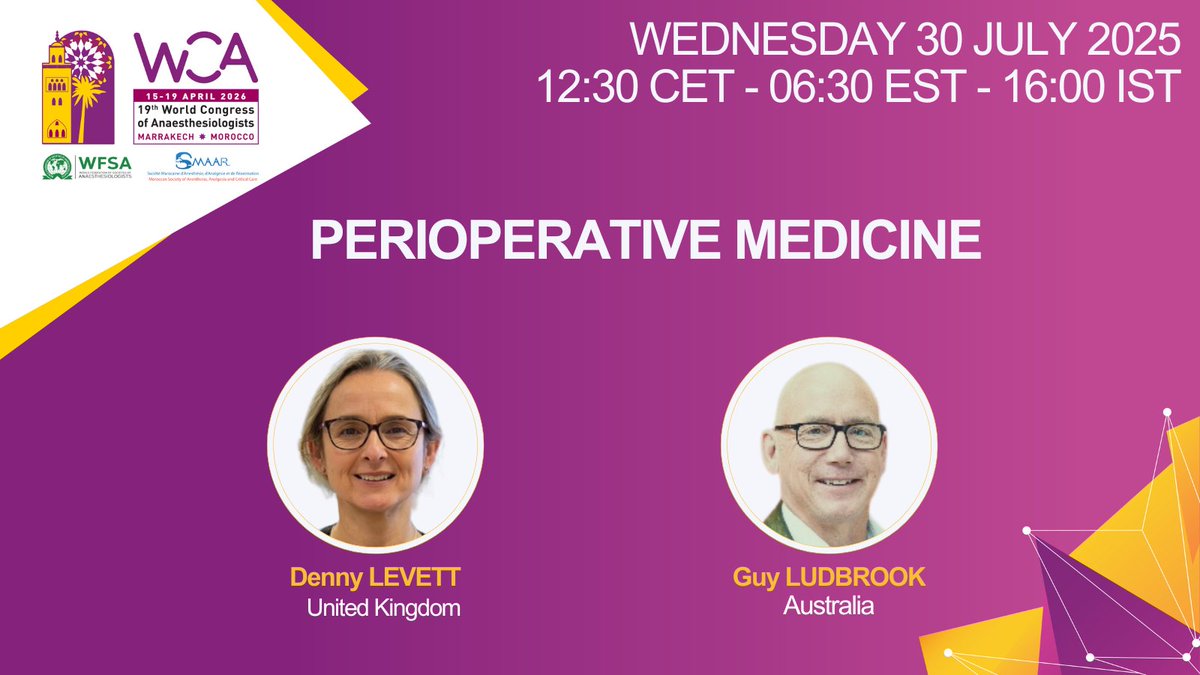 wfsawca's tweet image. What does the future of perioperative medicine look like?

Find out in our next #WCA2026 Webinar with Denny Levett &amp;amp; Guy Ludbrook .

Wed 30 July | 12:30 CET | 06:30 EST | 16:00 IST

Practical insights on high-acuity care &amp;amp; prehabilitation.

🔗 Register: wcacongress.org/programme/wca2…