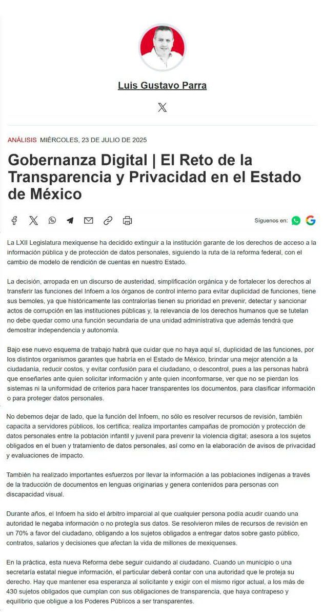 Gustavo Parra N (@lgparranoriega) on Twitter photo Comparto mi columna en <a href="/SOLTOLUCA/">El Sol de Toluca</a>. 🌐 "Gobernanza digital: el reto de la #transparencia y #privacidad en el #Edomex".
Analizo los retos y oportunidades que implica la transición al modelo actual, sin descuidar los derechos de la ciudadanía.
Lee en: goo.su/MMzbvf Comparto mi columna en <a href="/SOLTOLUCA/">El Sol de Toluca</a>. 🌐 "Gobernanza digital: el reto de la #transparencia y #privacidad en el #Edomex".
Analizo los retos y oportunidades que implica la transición al modelo actual, sin descuidar los derechos de la ciudadanía.
Lee en: goo.su/MMzbvf