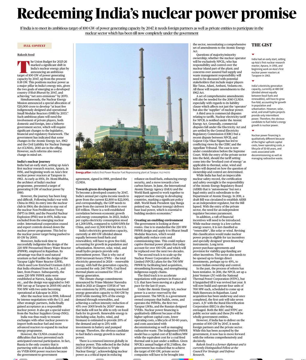 The Union Budget for 2025-26 marked a significant shift in India’s nuclear energy plan by announcing an ambitious target of 100 GW of power generating capacity by 2047, up from the present 8.18 GW.

The Nuclear Energy Mission announced a special allocation of ₹20,000 crore to