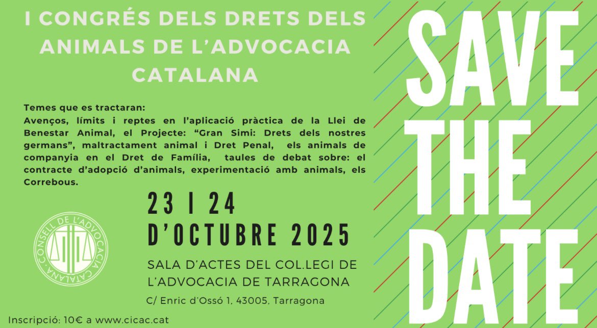 Consell de l’Advocacia Catalana (@conselladvocat) on Twitter photo 🔵 AVANÇAMENT
🐾 T’interessa el Dret Animal?
✅ Participa al I Congrés dels Drets dels animals de l’Advocacia Catalana que celebrem a <a href="/ICATTarragona/">ICA Tarragona</a>
📆 Reserva els dies 23 i 24 d’octubre
💻 +info a cicac.cat/2025/07/inscri… 🔵 AVANÇAMENT
🐾 T’interessa el Dret Animal?
✅ Participa al I Congrés dels Drets dels animals de l’Advocacia Catalana que celebrem a <a href="/ICATTarragona/">ICA Tarragona</a>
📆 Reserva els dies 23 i 24 d’octubre
💻 +info a cicac.cat/2025/07/inscri…