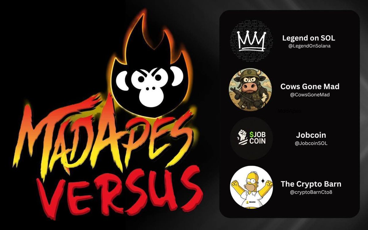 madapescall's tweet image. MadApes Versus starts in 1 hour! 🔥
📍 Where: @madapescall
📅 When: Wednesday 7 PM UTC
🔈
We will be joined by 4 amazing projects:
Legend on SOL - @LegendOnSolana
Cows Gone Mad - @cowsgonemad
Jobcoin - @JobcoinSOL
The Crypto Barn - @cryptoBarnCto8
As…