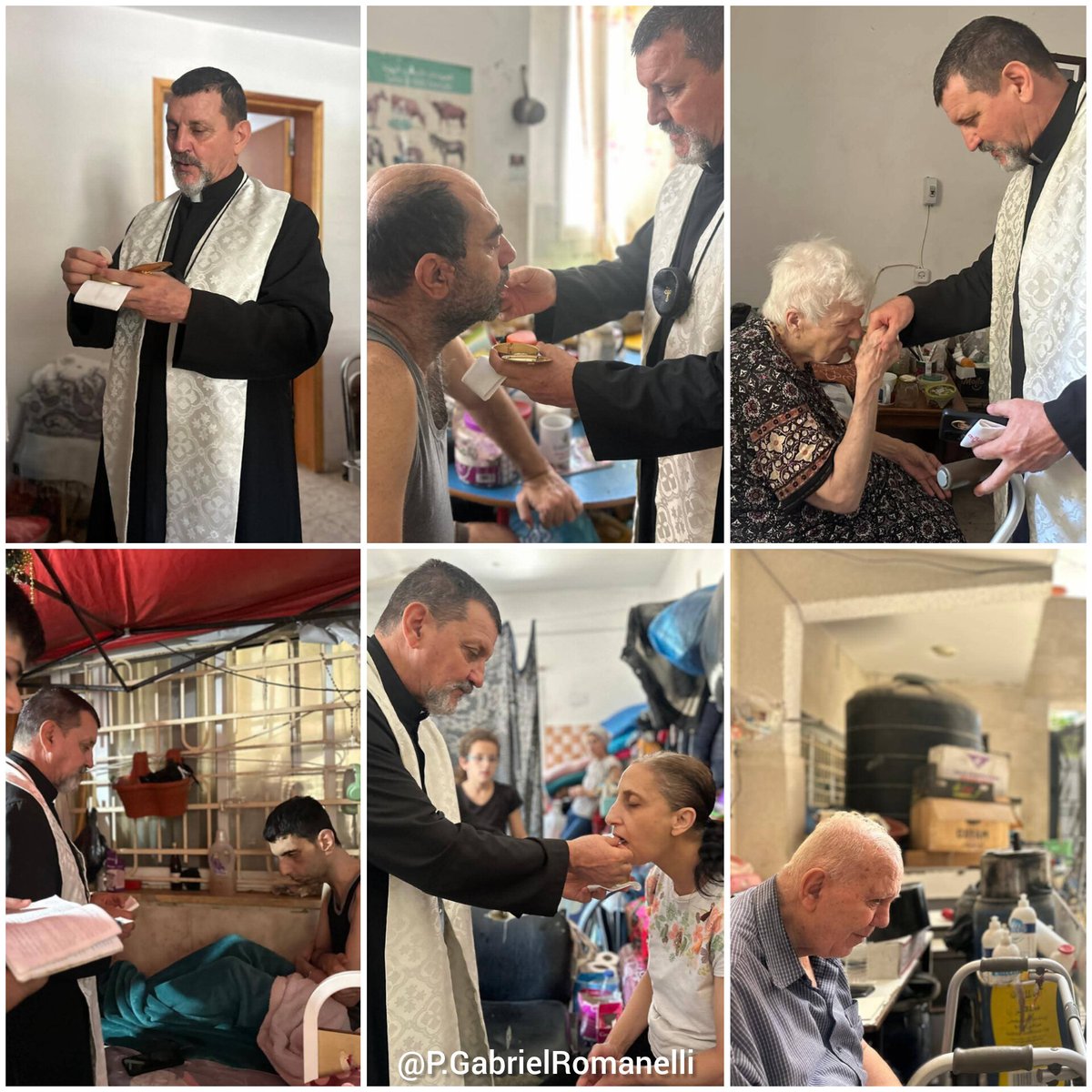 P. Carlos Ferrero llevando la comunión a los enfermos dentro del predio de la Parroquia de la Sagrada Familia de Gaza