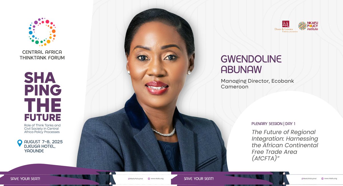NkafuPolicyInst's tweet image. Meet Ms. Gwendoline Abunaw, expert banker, financial strategist & trailblazer for women in #leadership. As M.D. of @EcobankCameroun & #CEMAC Cluster Head, she brings unmatched insight on harnessing @AfCFTA as the future of regional integration.
nkafu.org/cattf-2025/
#2025CATTF