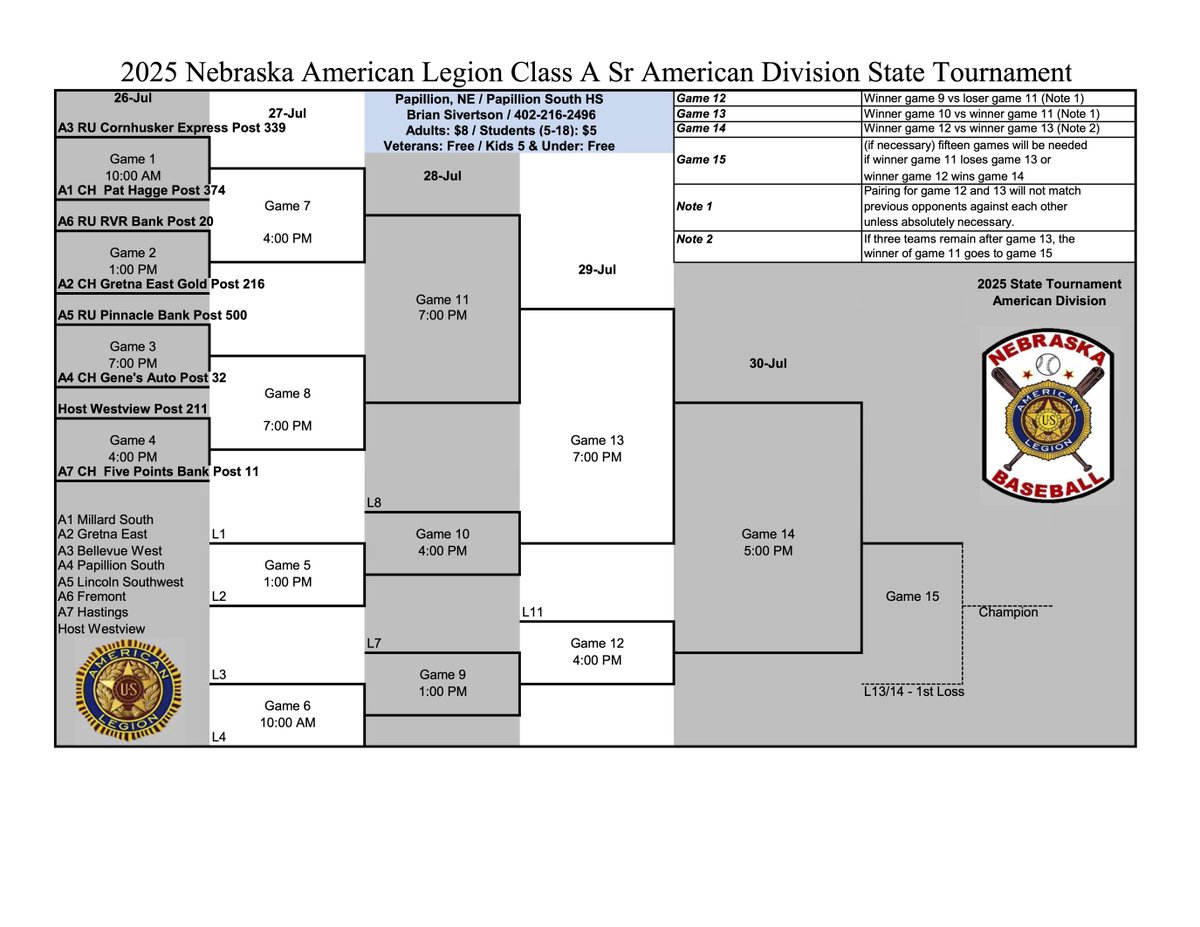 2025 Nebraska American Legion Class A Sr American Division State Tournament at Papillion-LaVista South

Saturday - 4PM
Hastings Five Points Bank vs. Omaha Westview Post 211