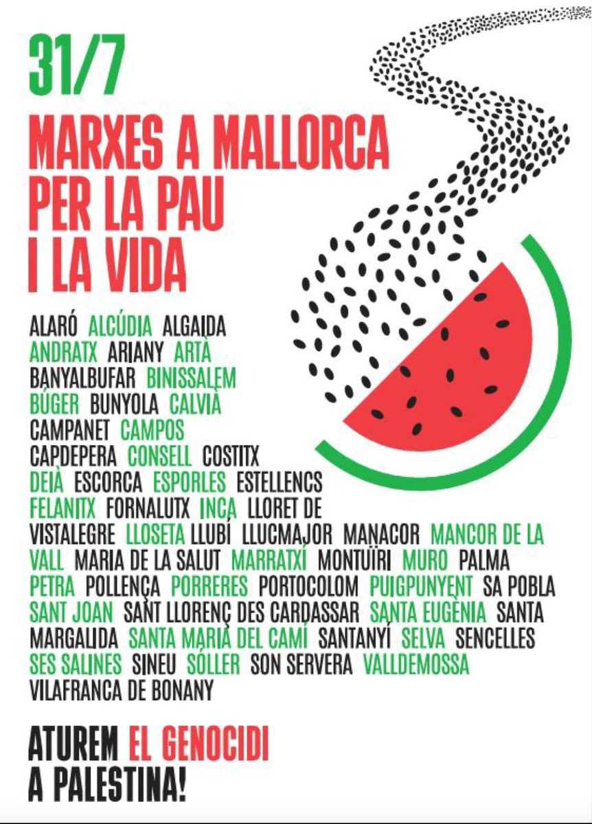 Defensar #Palestina i fer-ho en veu alta és un deure. Dia 31 de juliol de forma autoorganitzada arreu de Mallorca es caminarà en marxes per la pau i la vida. 

Visca la lluita del poble palestí! #genocidegaza #Stopsionisme #Stopzionism