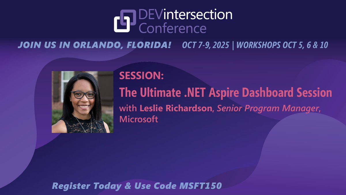DEVintersection Conference (@devintersection) on Twitter photo Want full visibility into your cloud app? Join Leslie Richardson (<a href="/lyrichardson01/">Leslie Richardson</a>) at DEVintersection for the ultimate .NET Aspire dashboard deep dive—custom metrics, live insights, and more.
Register: bit.ly/DEVXPOST
#DEVintersection #DotNet #MicrosoftAI #BuildWithAI Want full visibility into your cloud app? Join Leslie Richardson (<a href="/lyrichardson01/">Leslie Richardson</a>) at DEVintersection for the ultimate .NET Aspire dashboard deep dive—custom metrics, live insights, and more.
Register: bit.ly/DEVXPOST
#DEVintersection #DotNet #MicrosoftAI #BuildWithAI