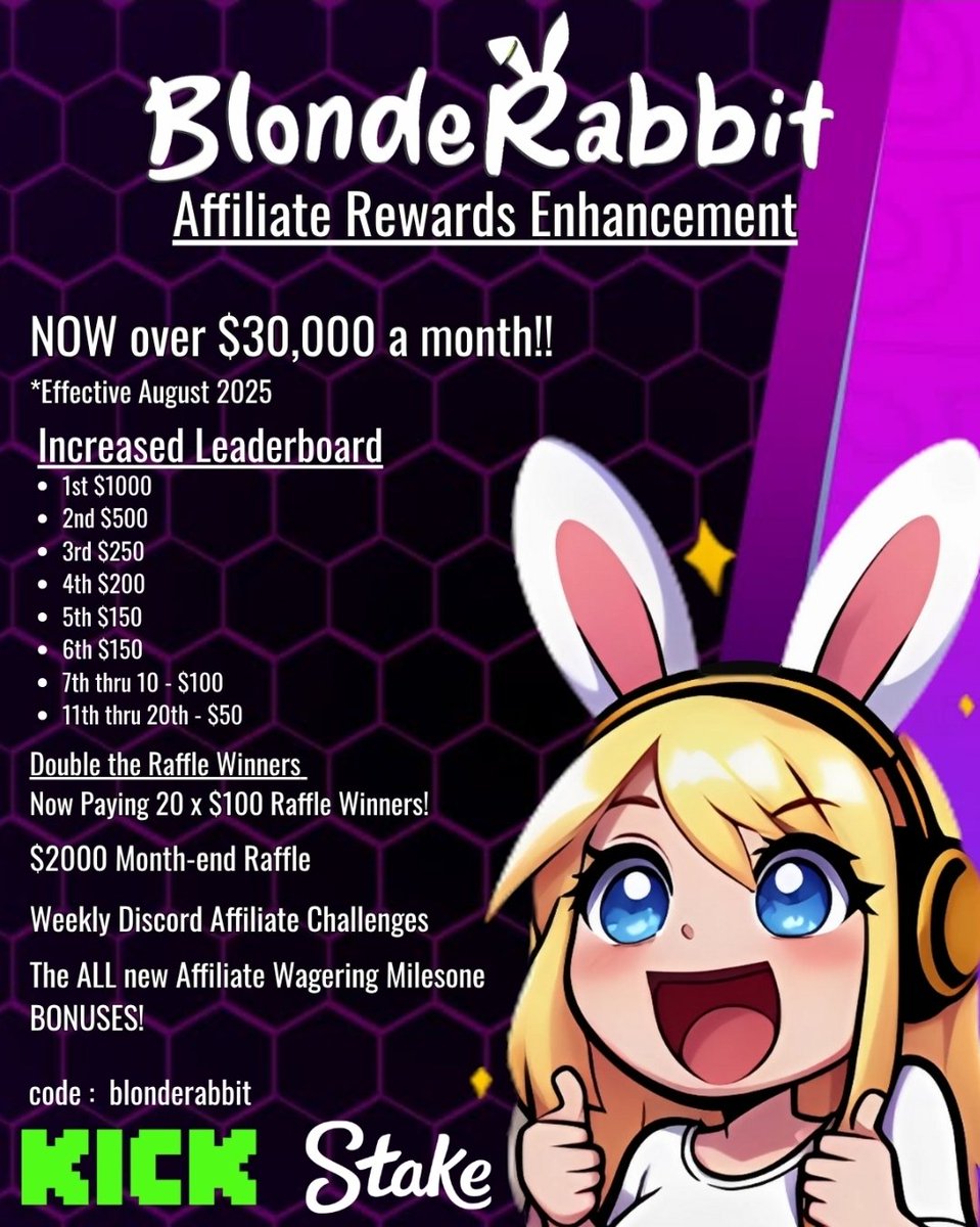 blonderabb1t's tweet image. Enhanced Rewards under Code BlondeRabbit beginning August 2025 ! 🥳
Double the WEEKLY affiliate raffle winners from 10 to 20 winners !
Double + Juiced WEEKLY leaderboard winners from top 10 to top 20 ! (Who wants to wait a whole month? Get rewards weekly under this juicy…