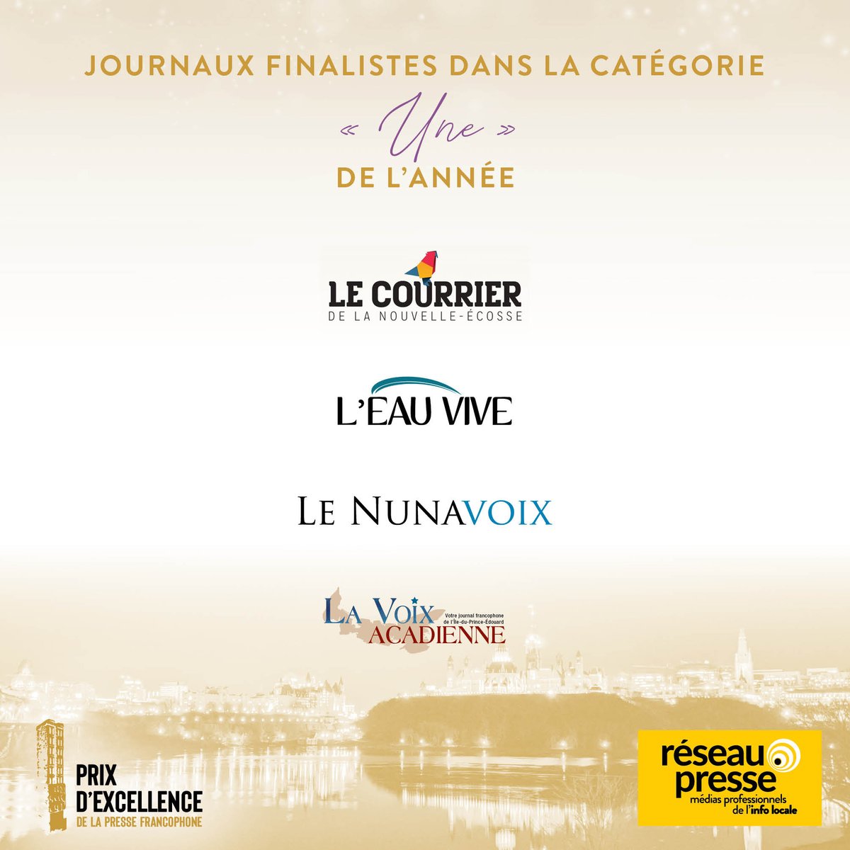 reseau_presse's tweet photo. 🚨 Annonce officielle ! ✨
Prix d’excellence de la presse francophone
Catégorie : « Une » de l’année
🎉 Le Courrier de la N.-É.
🎉 L’Eau vive
🎉 Le Nunavoix
🎉 La Voix acadienne
🏆 Résultat le 12 sept. à Ottawa !
#RéseauPresse #prixdexcellence https://t.co/ZlZn08s2Pw