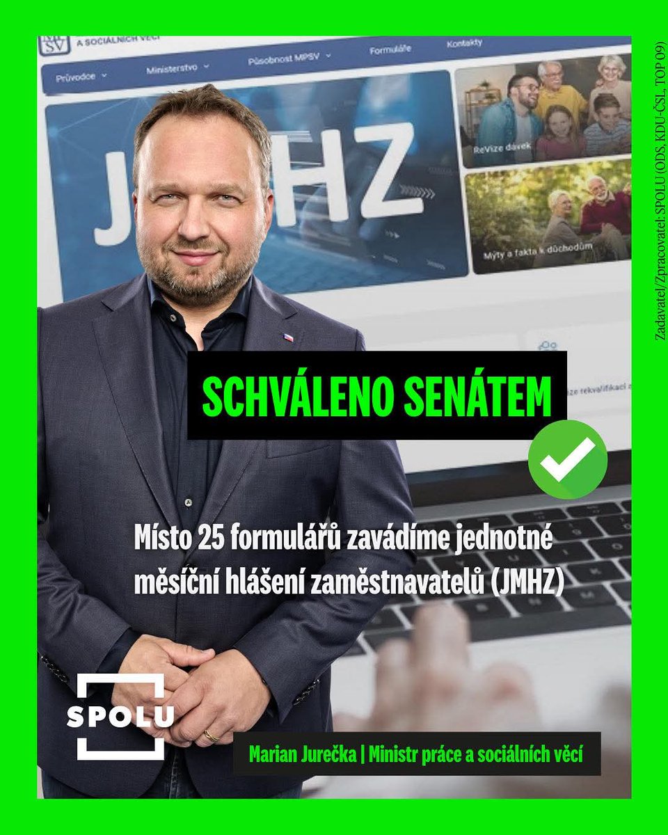 MJureka's tweet image. Zjednodušení byrokracie pro zaměstnavatele prošlo Senátem! Od příštího roku zavádíme jednotné online hlášení místo až 25 zbytečných formulářů.