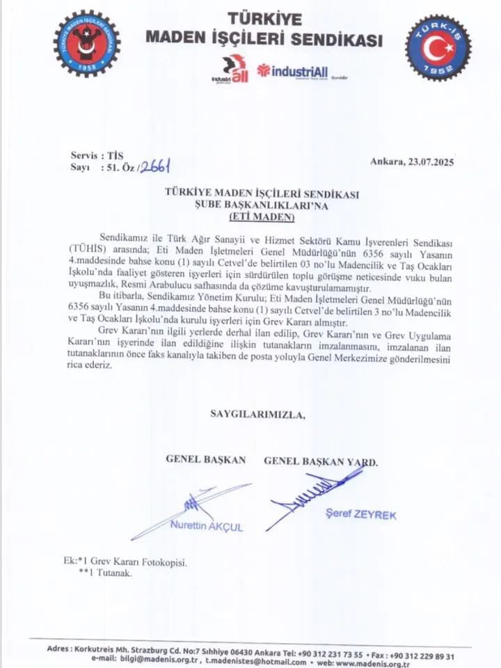TipEmek's tweet image. Türkiye MADEN-İŞ, toplu görüşmelerdeki uyuşmazlık sonucu Eti Maden’de grev kararı aldı.

İşçilerin hakkını pazarlık malzemesi etmenize, yarı yolda bırakmanıza müsaade etmeyeceğiz. Bu kararın ve imzanın arkasına durun.

Madenlerde çalışan, hakkarını arayan işçilerin yanında;…