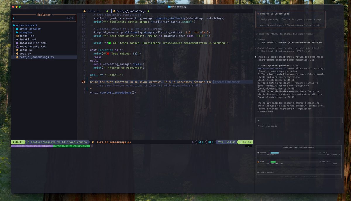 Disappointed with <a href="/cursor_ai/">Cursor</a>’s new pricing &amp; RAM usage, so I built my own “Cursor” setup:
- Ghostty terminal, 4 panes: neovim (lazyvim), Claude code, terminal, ccusage
- minuet.nvim for Ollama tab completion with Qwen2.5-coder (can replace with supermaven.nvim)