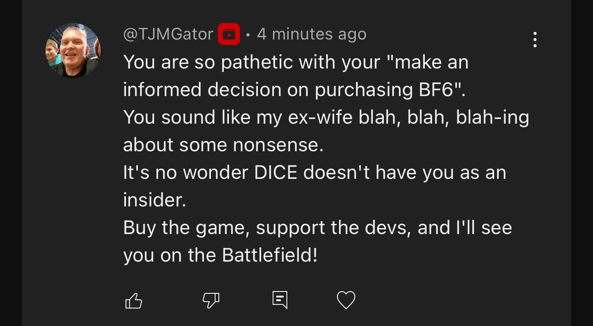 GhostGamingG's tweet image. This guy has been commenting on my channel for the last 4 years with similar sentiments, and the way he comments you’d think he’s EAs biggest shareholder.
I have no idea why he STILL watches me 😅