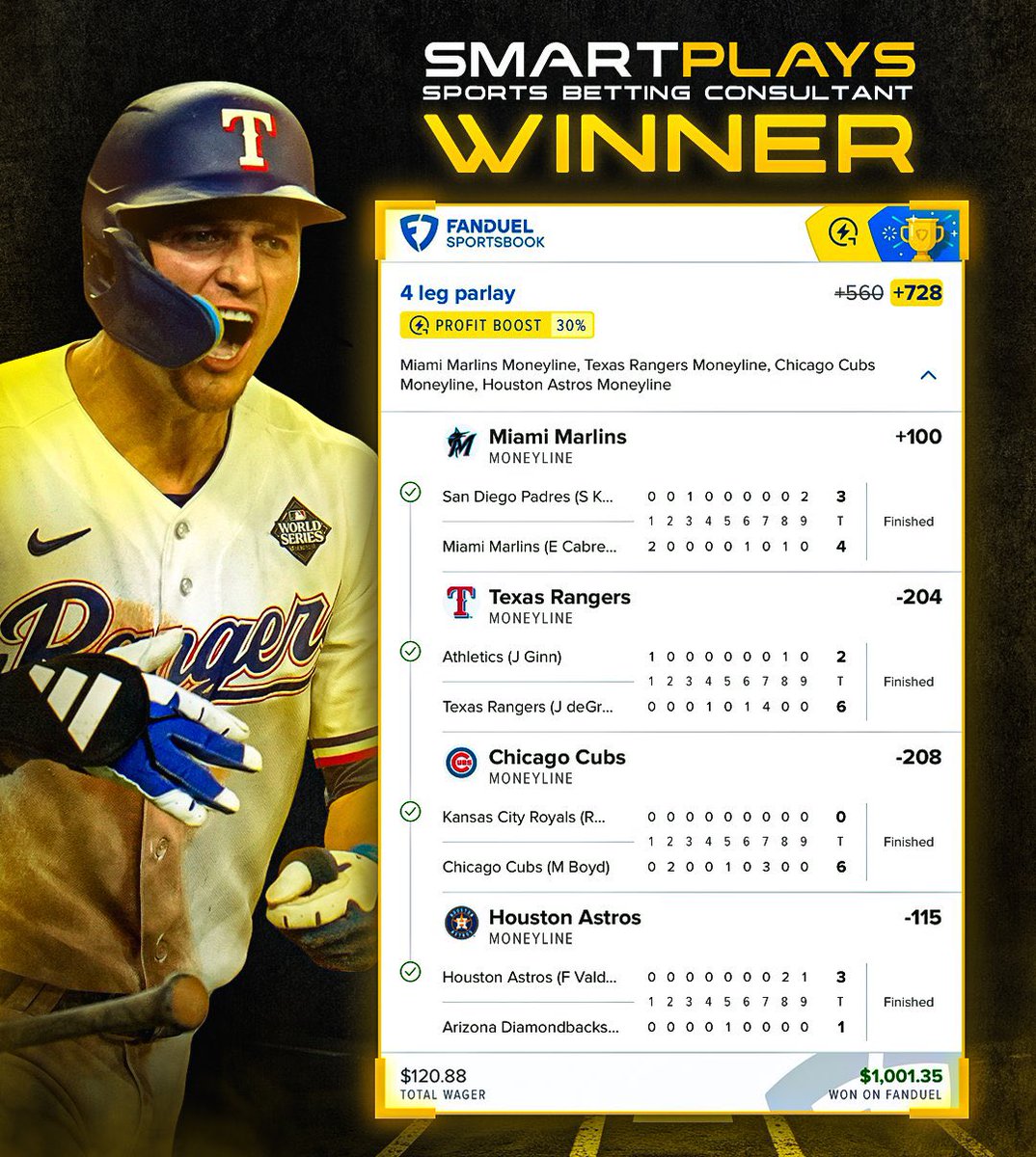 🏦 $120 -> $1,000 (+728)

✅ Marlins ML
✅ Rangers ML
✅ Cubs ML
✅ Astros ML

This was my only Moneyline parlay yesterday

As always, I posted this play inside of my VIP Page -> <a href="/VIPsmartplays/">SmartPlays • VIP</a>

It’s only $20/Month to gain access.

JOIN HERE -> Smartplaysdaily.ca