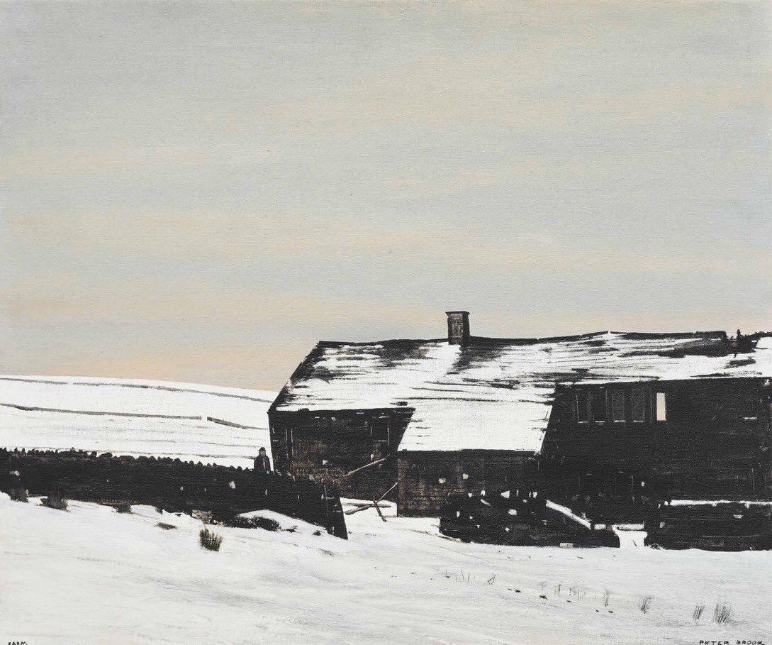 PennineThe's tweet image. ‘Farm’ is in many ways a typical Peter Brook Pennine snow scene, its long-since abandoned building with a hole in the roof soon to become a ruin. But it is the unexplained presence of the figure behind the wall which comes as something of a surprise. (Sold at Christie’s in 2017)