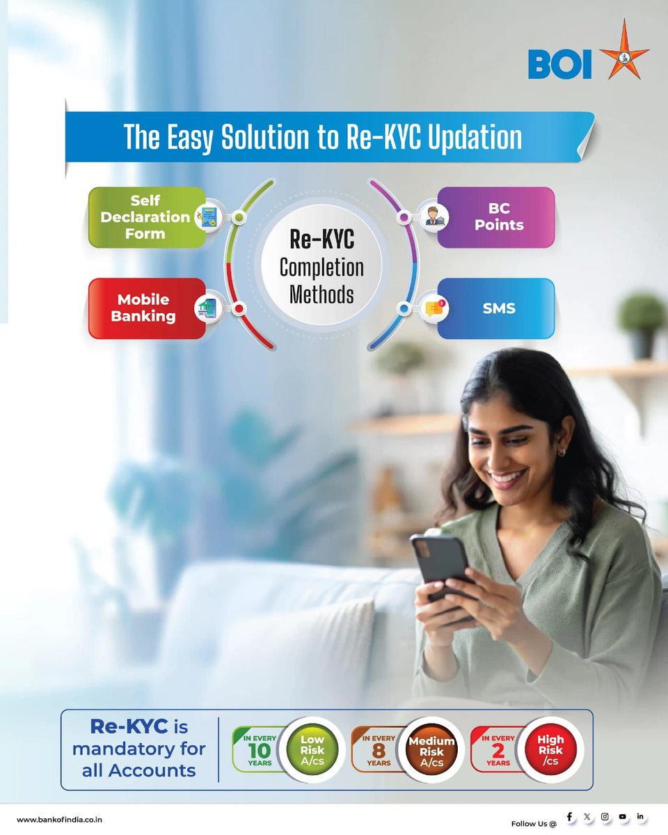 Bank of India (@bankofindia_in) on Twitter photo Update your Re-KYC with ease! Bank of India offers you simple ways to complete your Re-KYC and keep your account secure. Whether it’s through a self-declaration form, mobile banking, SMS, or visiting BC points, updating your KYC is now quick and convenient. Re-KYC is mandatory Update your Re-KYC with ease! Bank of India offers you simple ways to complete your Re-KYC and keep your account secure. Whether it’s through a self-declaration form, mobile banking, SMS, or visiting BC points, updating your KYC is now quick and convenient. Re-KYC is mandatory
