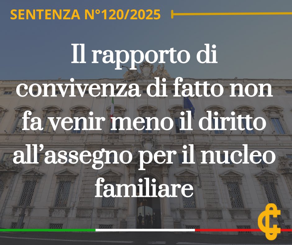 CorteCost's tweet image. Il rapporto di convivenza di fatto non fa venir meno il diritto all’assegno per il nucleo familiare.
cortecostituzionale.it/documenti/comu…
#Cortecostituzionale #Comunicato #Sentenza