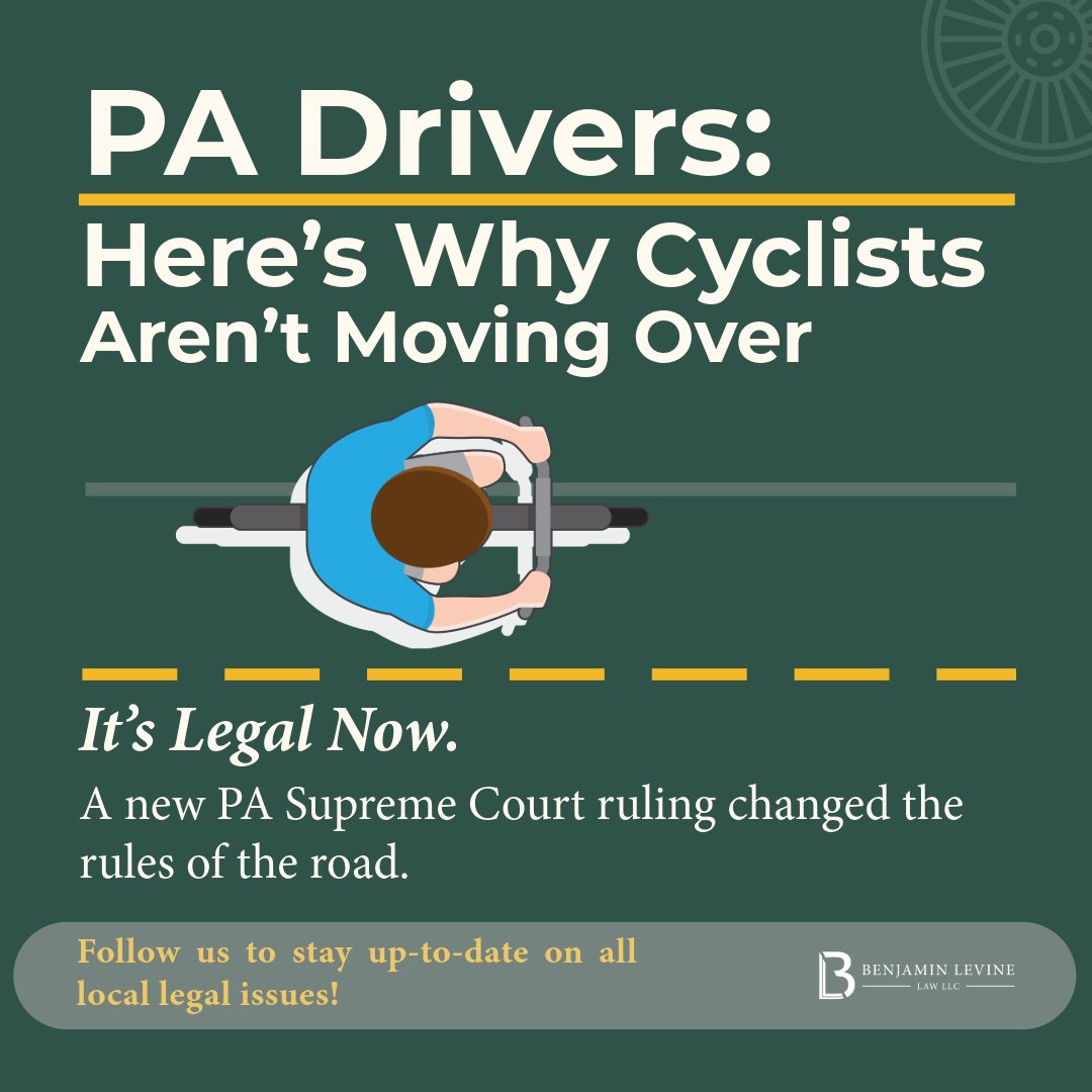 benlevinelawllc's tweet image. 🚨 PA Drivers: Cyclists can legally ride in the middle of the lane now.

This could change who’s at fault in a crash—especially on narrow roads in Butler &amp;amp; Cranberry.

🔗 bit.ly/CyclistRulingPA
⚖️ Stay informed. Stay out of court.

#PALaw #BikeSafety #PALegalUpdate #ButlerCounty