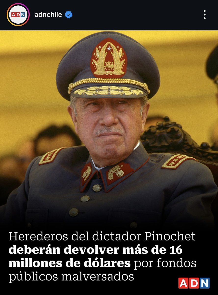 📢 A quienes aún defienden a Pinochet: el dictador fue condenado por robarle más de 16 millones de dólares al país. Ahora sus herederos deben devolverlo. Ese es su legado: corrupción, abuso, muerte  y privilegios. #Pinochet #Dictador #QueDevuelvanLoRobado
#NuncaMás