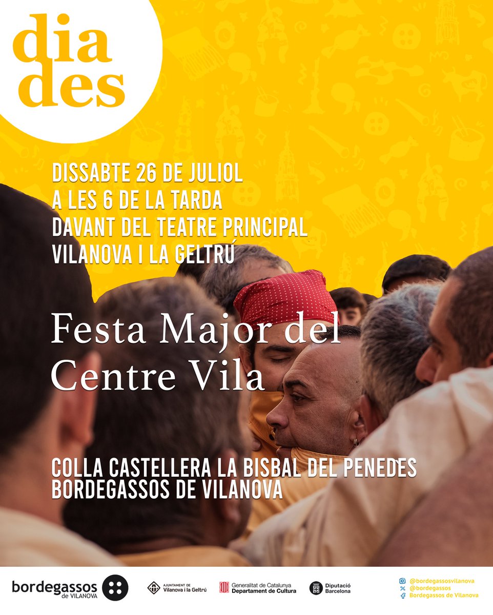 bordegassos's tweet image. 🟡Aquest dissabte tenim la diada de la Festa Major del Centre Vila!
📅 26 de juliol a les 18:00 h
📍Rambla Principal de Vilanova i la Geltrú, davant del Teatre Principal.
👥 @BousBisbal
#sombordegassos #devilanova #castells