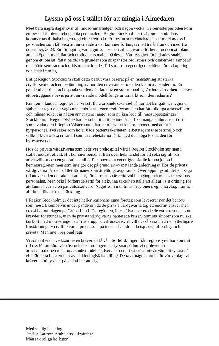edvinalam's tweet image. Ambulanskrisen i Region Stockholm: Lyssna på oss istället för att mingla i Almedalen, skrev ambulanspersonal för två år sedan till Socialdemokraterna och Aida Hadžialić. Nu är vi där vi är.