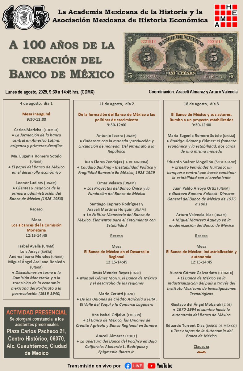 acadmxhistoria's tweet image. #Invitación
Ciclo de conferencias A 100 AÑOS DE LA CREACIÓN DEL BANCO DE MÉXICO
Lunes de agosto 2025, 9:30 a 14:45 (CDMX)
Coordina Araceli Almaraz y Arturo Valencia
Actividad PRESENCIAL
Se otorgará constancia a los asistentes
Sede: Academia Mexicana de la Historia