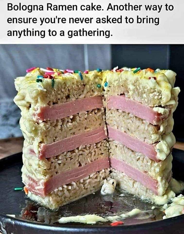 loweffortbricks's tweet image. bologna ramen cake.
eat this and your DNA starts pronouncing silent letters.