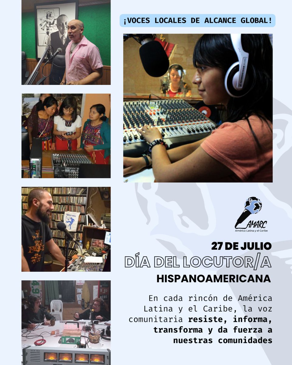 🎙📻 27 de julio Día del Locutor y Locutora Hispanoamericana📻🎙

Desde AMARC ALC saludamos a nuestra red de radios comunitarias de América Latina y el Caribe, reafirmando el compromiso de amplificar las voces que construyen democracia, justicia y derechos para nuestros pueblos.