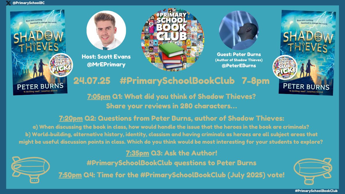 🌄Morning!

👀Check out the questions for TONIGHT's #PrimarySchoolBookClub📚 24.07.25 with
<a href="/PeterEBurns/">Peter Burns</a>, author of #PrimarySchoolBookClub📚 Pick #ShadowThieves🕵️‍♂️

🔁RT!

🔖Join in using the hashtag#⃣for #PrimarySchoolBookClub📚 between 7-8pm!

<a href="/FarshoreBooks/">Farshore</a>