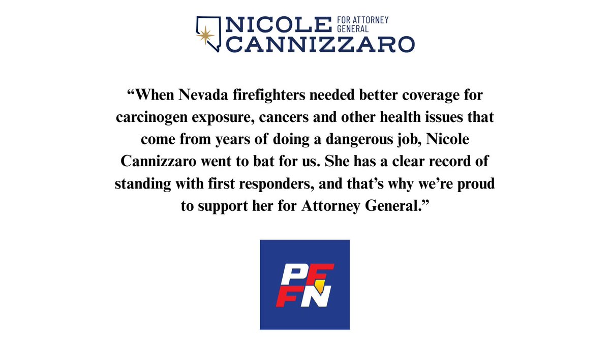 Nicole Cannizzaro (@nicole4nevada) on Twitter photo Firefighters risk their health and safety every day to keep our families safe. I'm proud of my record at #nvleg to support our first responders, and I'm proud to have <a href="/pffnevada/">Pro Fire Fighters NV</a>'s endorsement for Attorney General! Firefighters risk their health and safety every day to keep our families safe. I'm proud of my record at #nvleg to support our first responders, and I'm proud to have <a href="/pffnevada/">Pro Fire Fighters NV</a>'s endorsement for Attorney General!