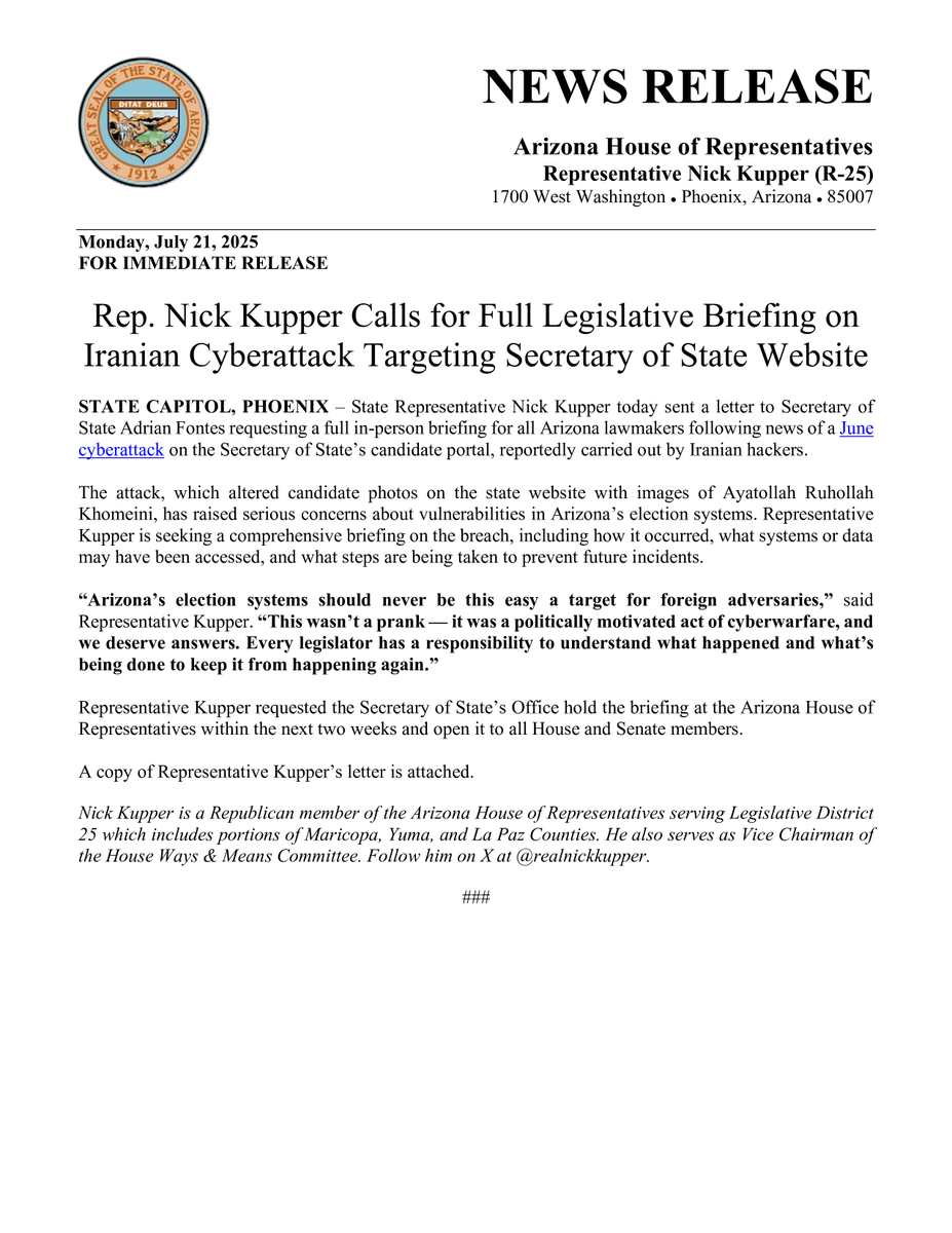 MaricopaGOP's tweet image. via @AZHouseGOP: "Rep. Nick Kupper @realNickKupper Calls for Full Legislative Briefing on Iranian Cyberattack Targeting Secretary of State Website"
"Arizona’s election systems should never be this easy a target for foreign adversaries."